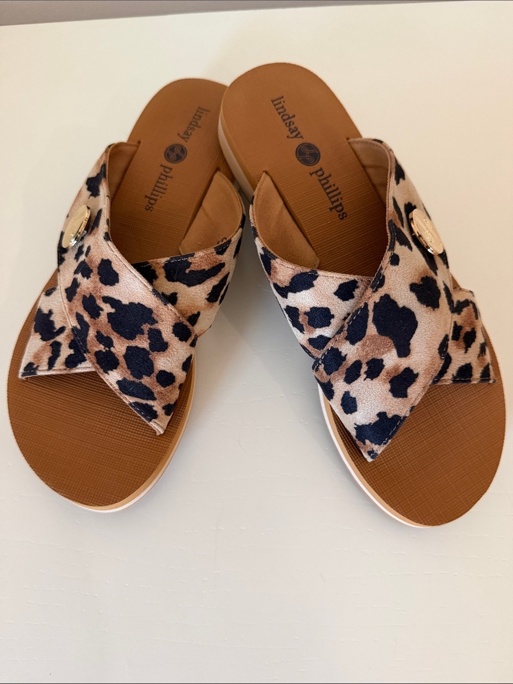 Lindsay Phillips Leopard Print Slide Sandals in Tan and Black